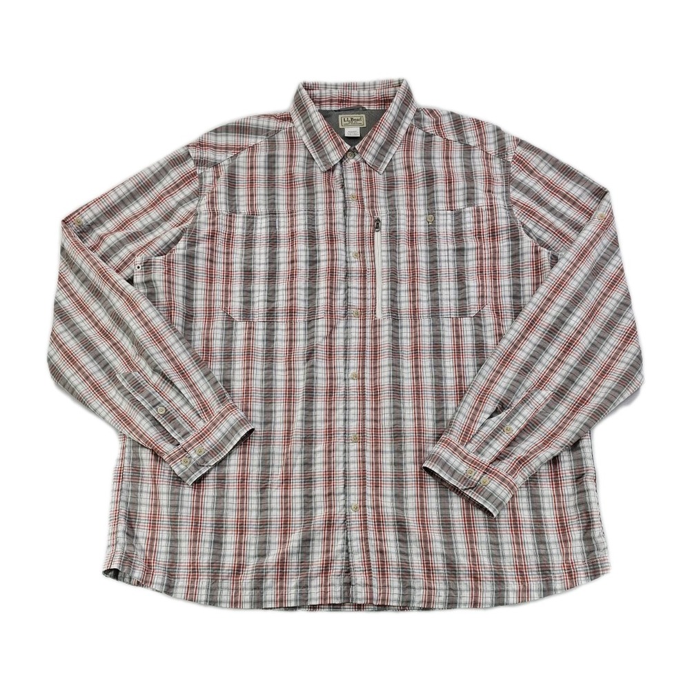 LL BEAN Men Plaid Shirt XXLT Red Grey Vented Seersucker Mesh Roll Tab Zip Pocket